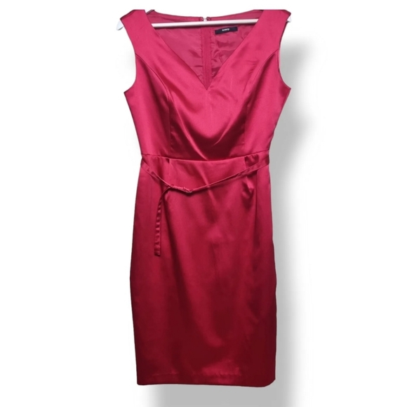 George Satin Dress Size 12 Red Pencil Dress Sweatheart Neckline Knee Length Belt - Picture 2 of 8
